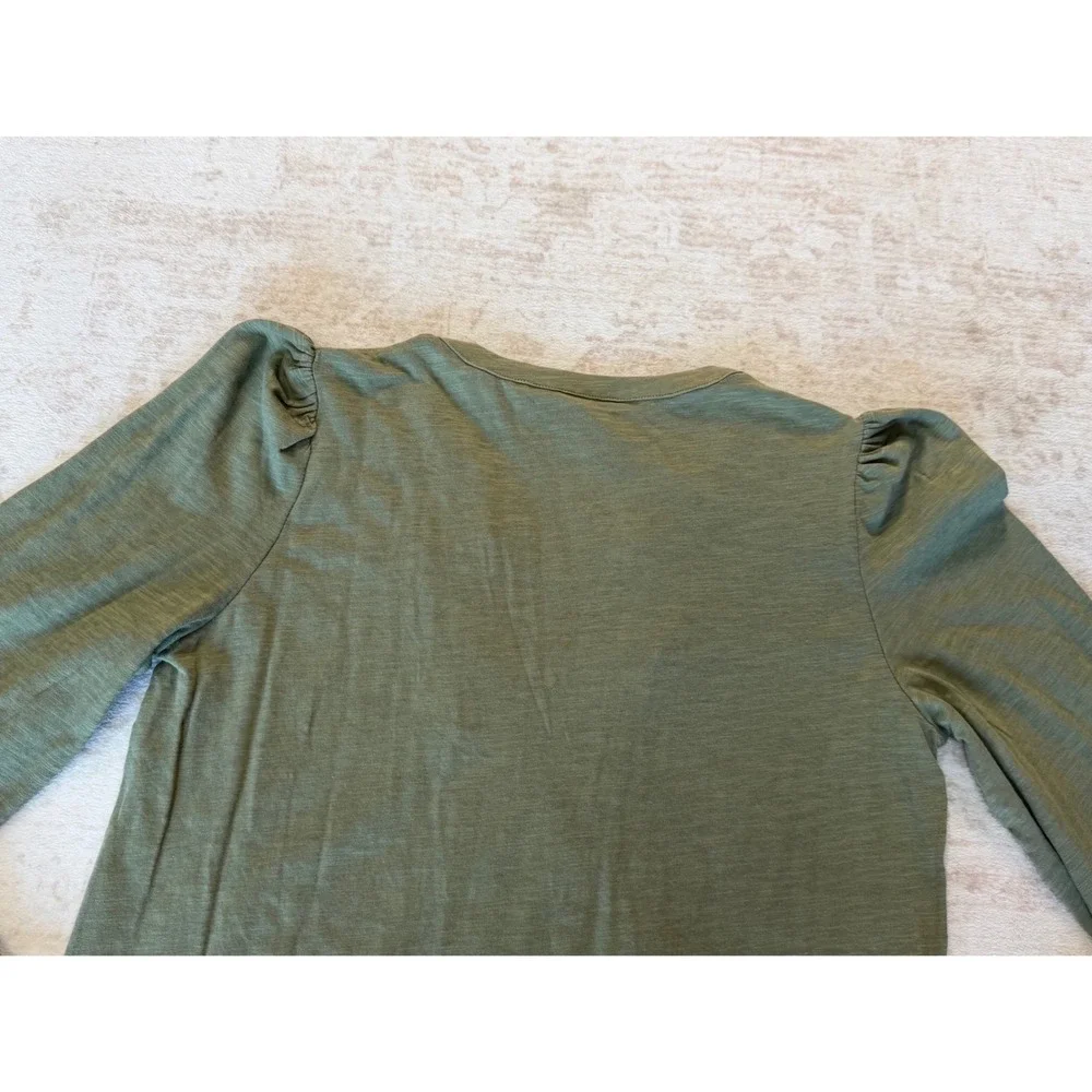 Boden Olive Green Cotton Slub Lace Trim V-Neck Puff Sleeve Top US 2 T2079